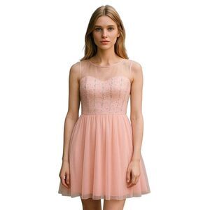 Sequined Glittery Soft Peach High Lo Hem with Irridescent Sparkly Tulle Dress